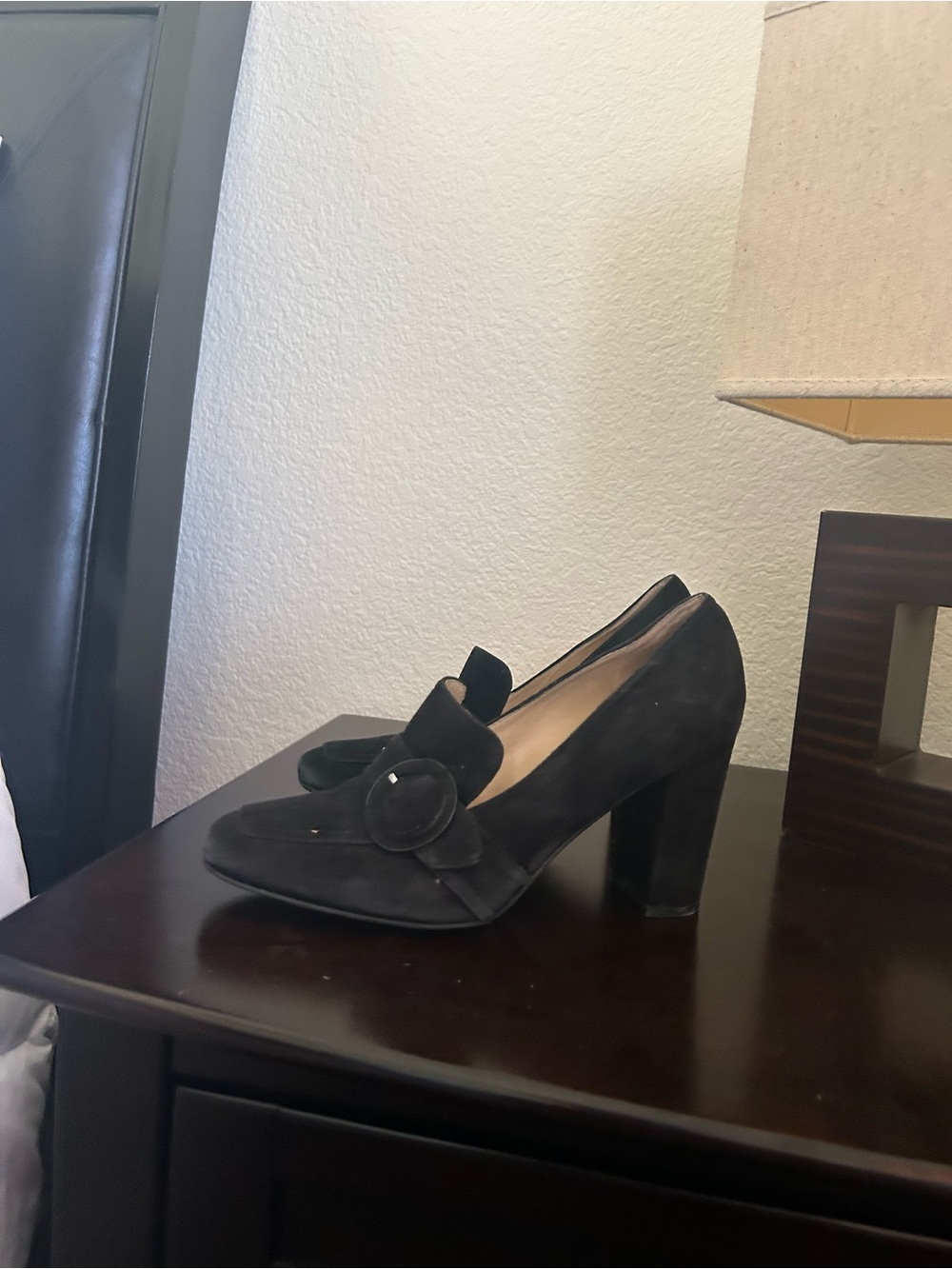 Marc Fisher Black Suede Block Heel Pumps with Decorative Round Buckle